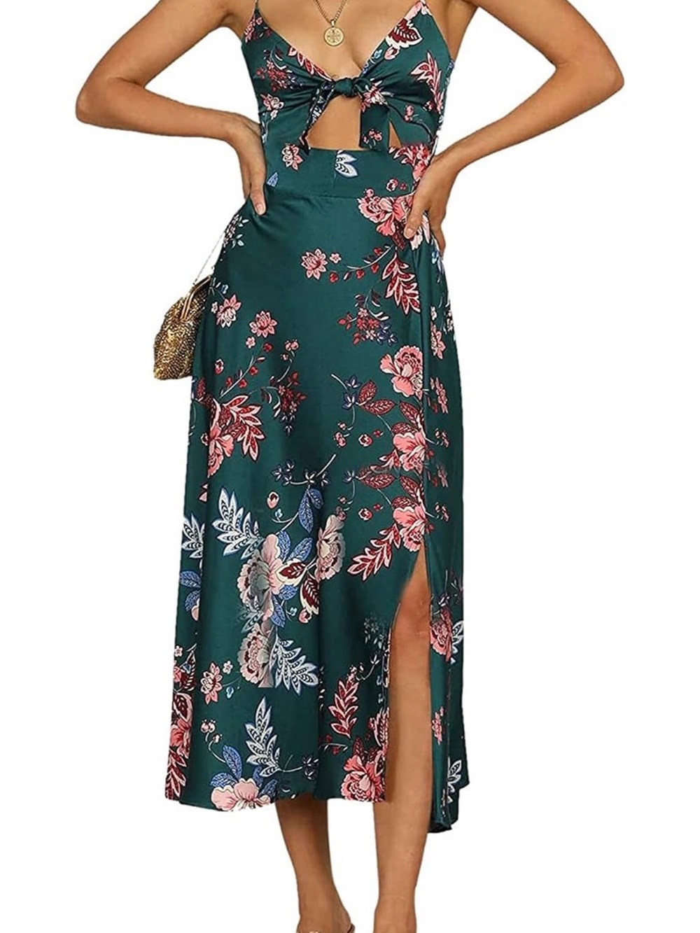 Emerald Green Floral Maxi Dress with Side Slit